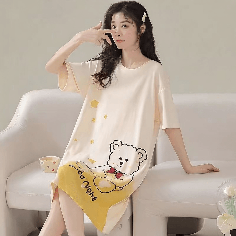 Women's Summer Milk Silk Nightgown, Cartoon Short Sleeve Sleep Dress, Plus Size Pajamas - Price Value Store