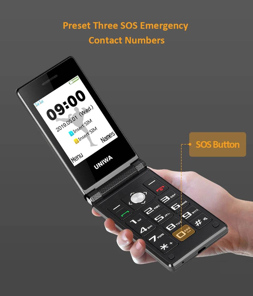 UNIWA X28 Big Push-Button Phone Senior Flip Mobile Phone GSM Dual Sim FM Radio Russian Hebrew Keyboard Clamshell Cellphone - Price Value Store