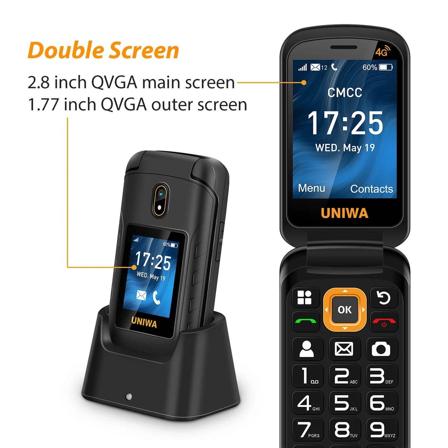 UNIWA V909T Flip Phone 4G Dual Screen Single Nano Cellphone Big Push-Button Mobile Phone for Elderly 2250mAh Russian Keyboard - Price Value Store