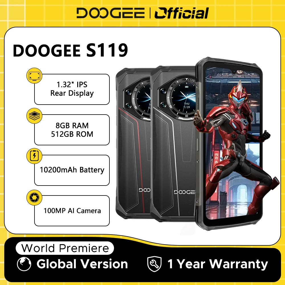 World Premiere DOOGEE S119 Rugged Phone 6.72" FHD+ IPS Screen 8GB 512GB 100MP AI Main Camera 10200mAh Battery 33W Android 14 NFC