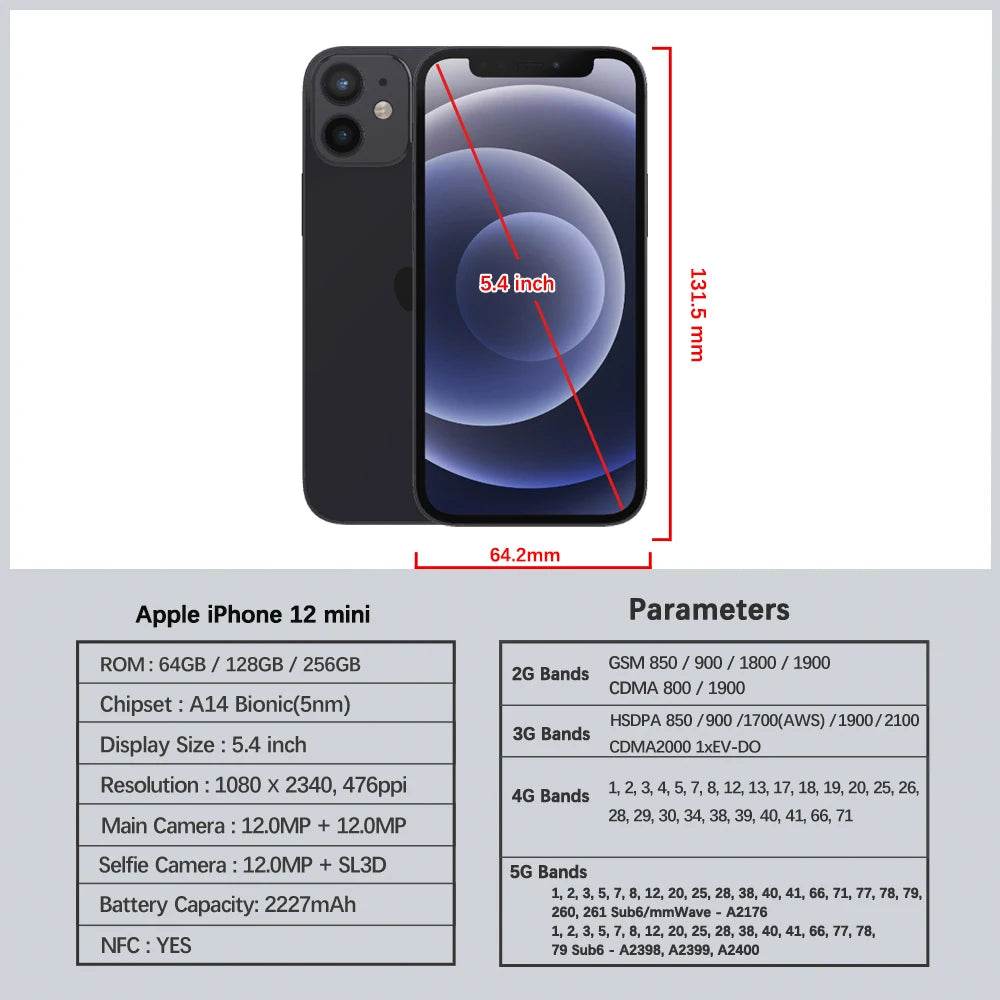 Unlocked Original Apple iPhone 12 mini 4GB RAM 64/128/256GB ROM IOS A14 Bionic Hexa Core 5.4'' Dual 12MP 5G Cell phone 98% New - Price Value Store