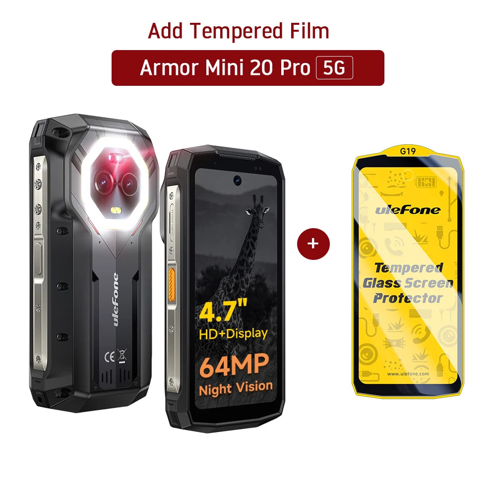 Ulefone Armor Mini 20 Pro 5G 4.7" Rugged Phone 64MP Night Camera Android 14 Smartphone 6200mAh 16GB+256GB Mobile phone LED