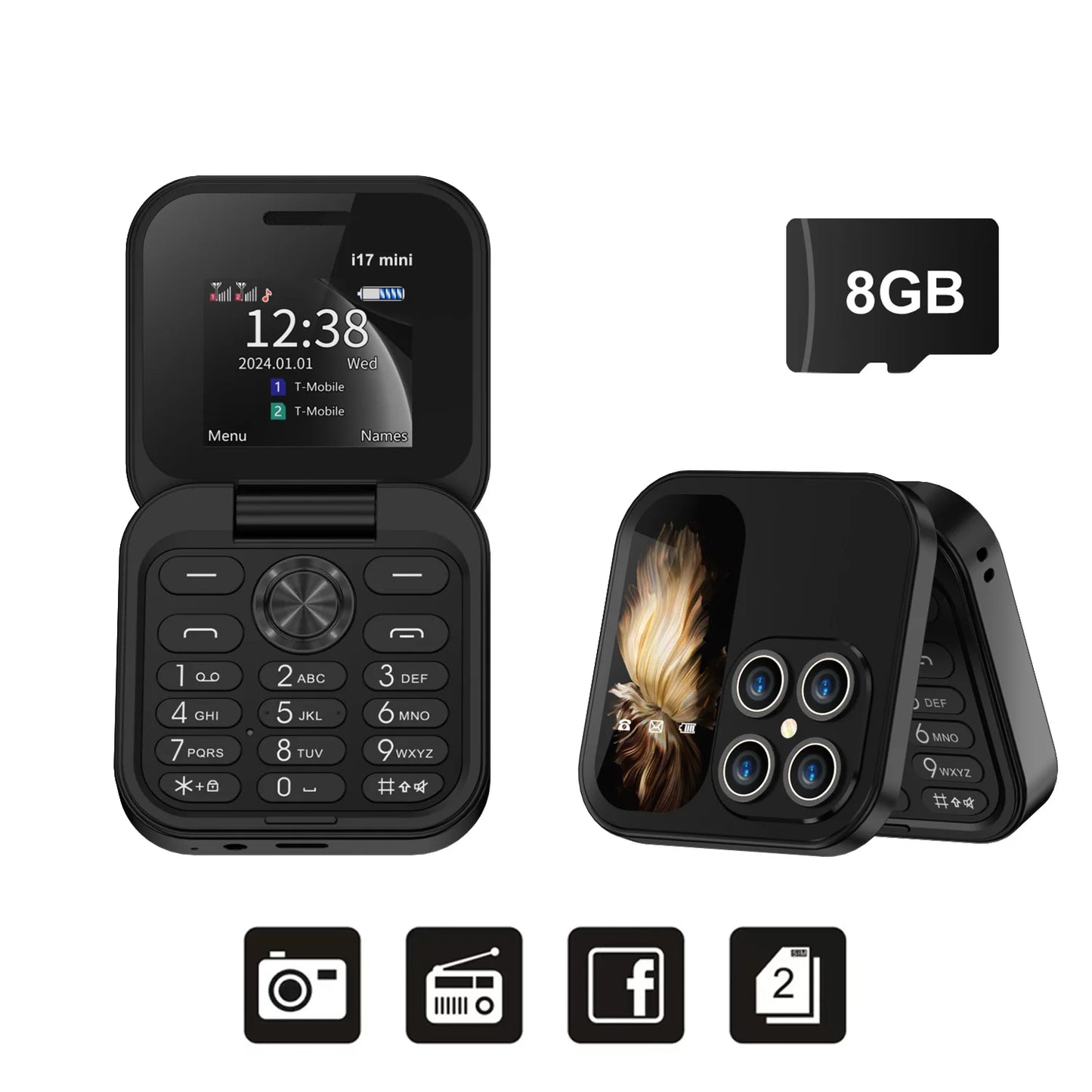 SERVO i17 Mini Small Flip Mobile Phone 1.77" Screen Blacklist Speed Dial Magic Voice FM Radio Cute Box Cellphones 2 SIM Standby
