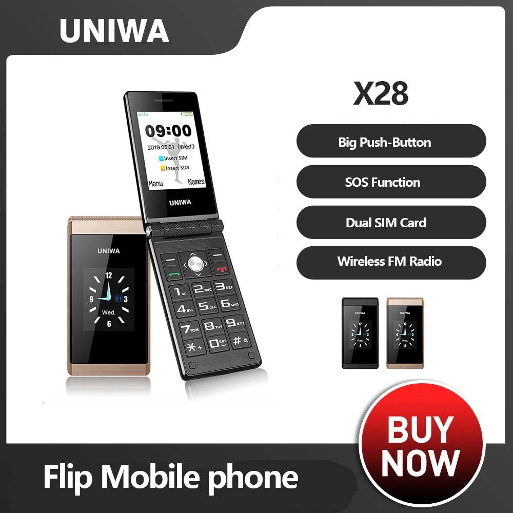 UNIWA X28 Big Push-Button Phone Senior Flip Mobile Phone GSM Dual Sim FM Radio Russian Hebrew Keyboard Clamshell Cellphone - Price Value Store