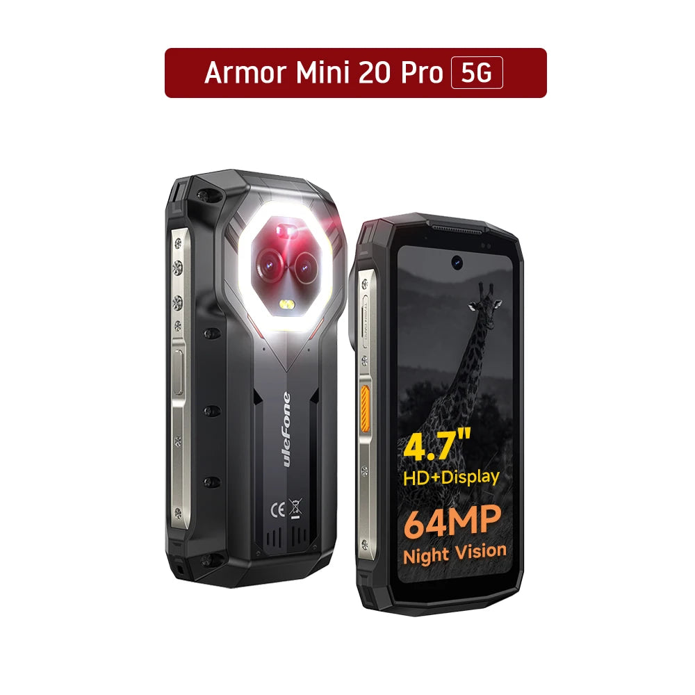Ulefone Armor Mini 20 Pro 5G 4.7" Rugged Phone 64MP Night Camera Android 14 Smartphone 6200mAh 16GB+256GB Mobile phone LED