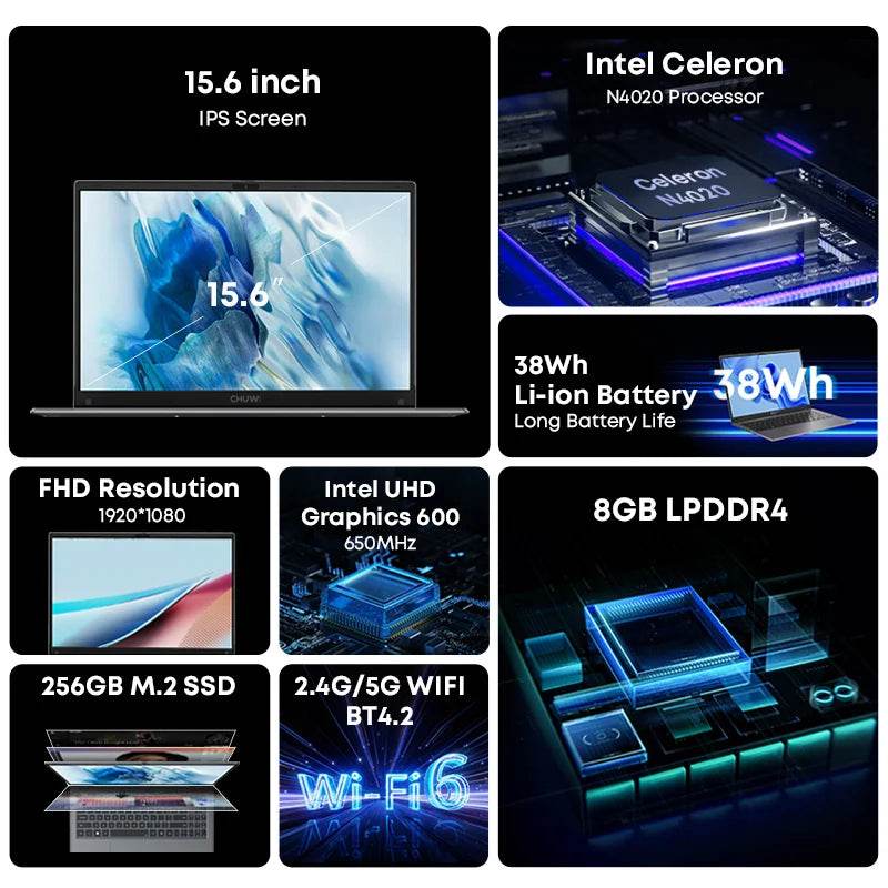 CHUWI HeroBook Plus 15.6'' Laptop 256GB SSD 8GB RAM, Windows 11 Laptop, 1TB SSD Expand, Intel Celeron N4020, 2K FHD IPS Display - Price Value Store
