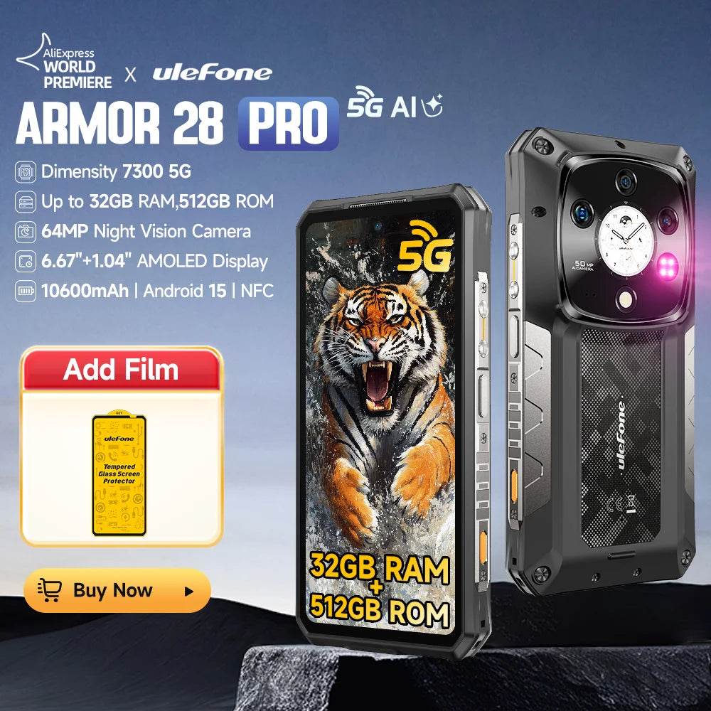 Ulefone Armor 28 Pro 5G AI Rugged Phone 512GB ROM Smartphone 120W MTK Dimensity 7300 10600mAh 6.67”AMOLED 64MP Mobile phone - Price Value Store