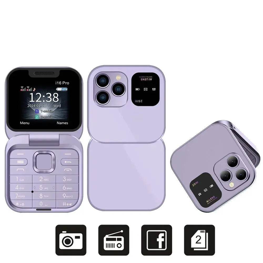 SERVO I16 Pro MIni Fold Mobile Phone 2G GSM Dual SIM Card Speed Dial Video Player Magic Voice 3.5mm Jack FM Small Flip Cellphone - Price Value Store
