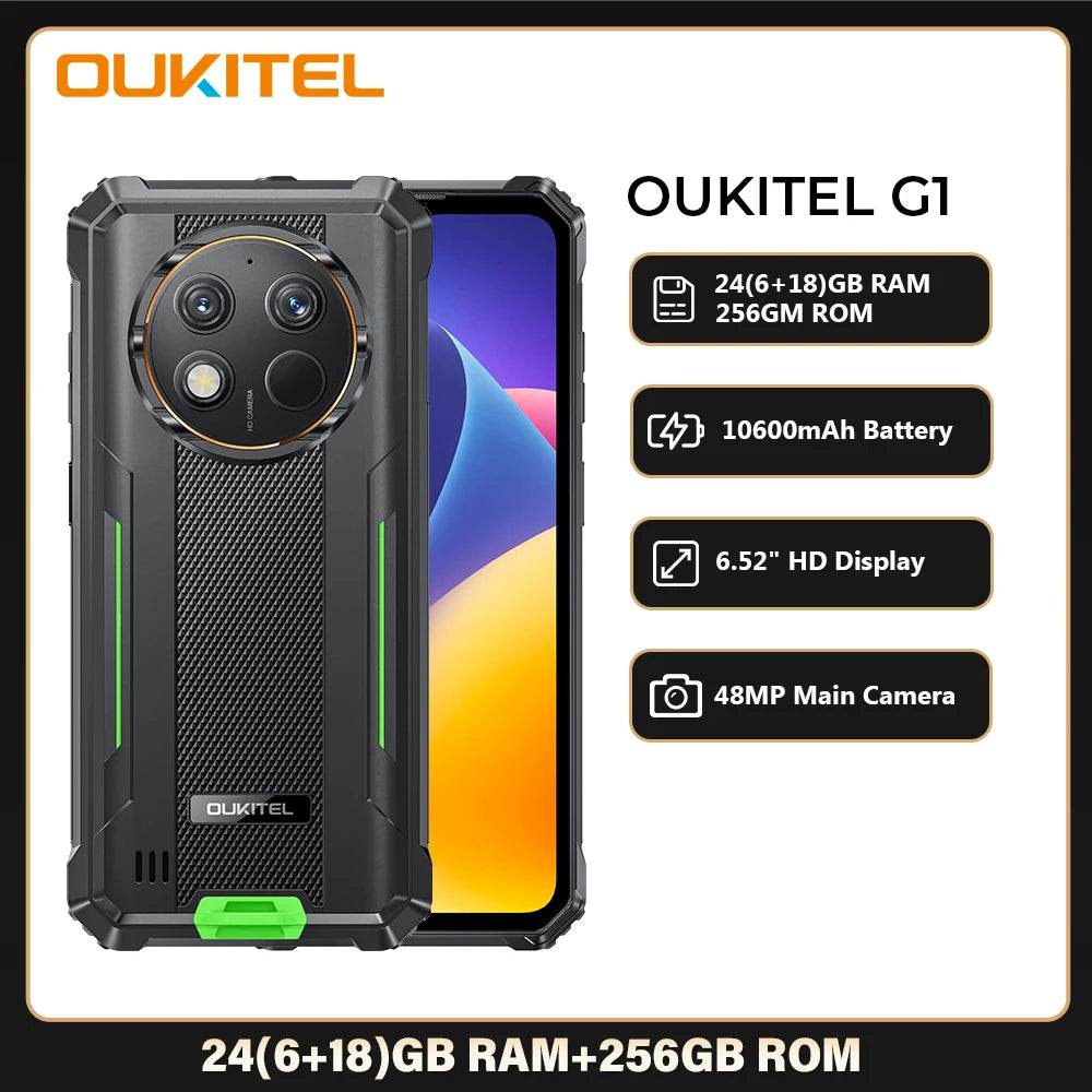 Oukitel G1 Rugged Smartphone Android 24GB (6+18)+256GB 10600mAh 6.52' HD Display NFC Rugged Phone - Price Value Store