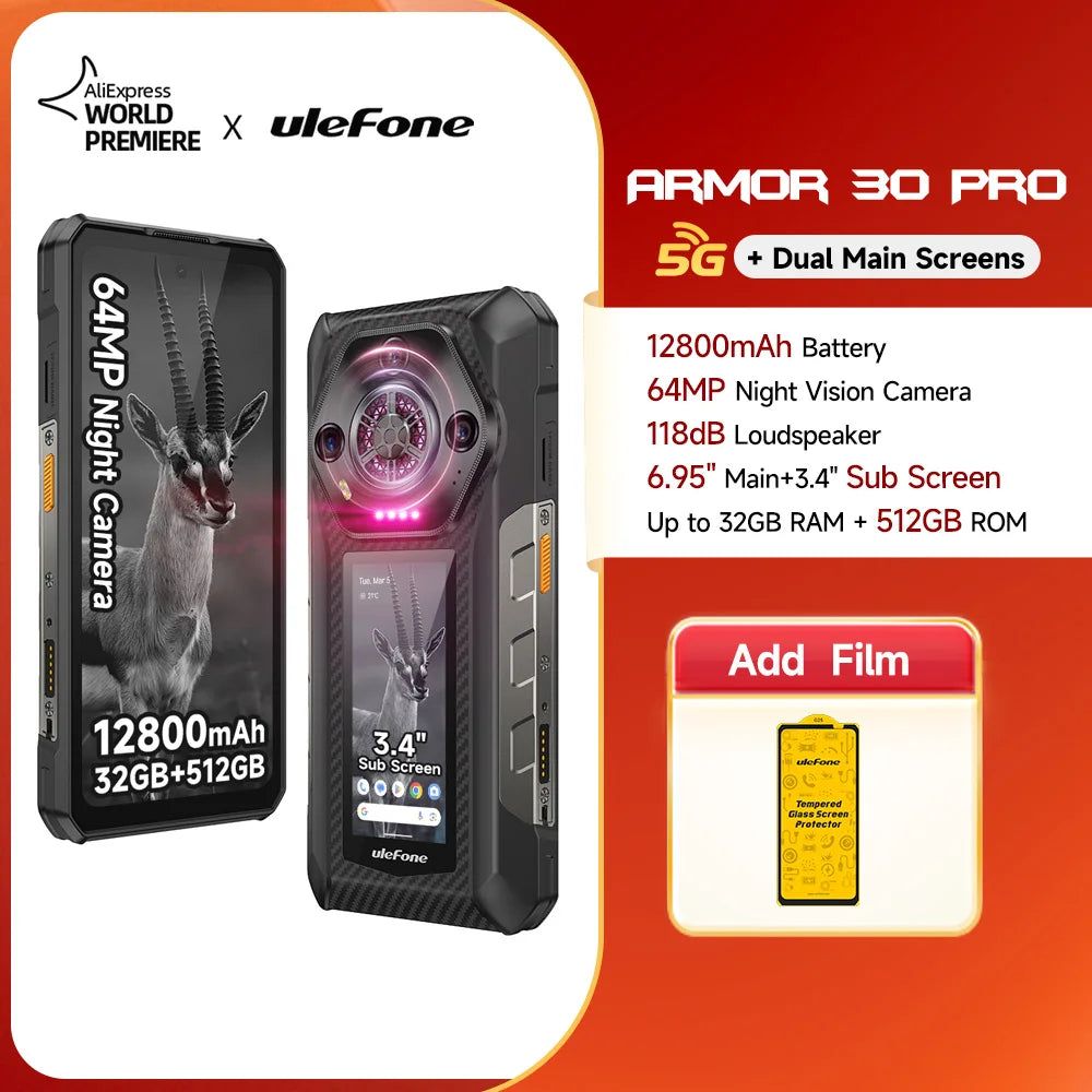 【World Premiere】Ulefone Armor 30 Pro 5G Rugged Phone Android 14 Smartphone 6.9" 120Hz 32GB+512GB 12800mAh Night Camera 64MP NFC