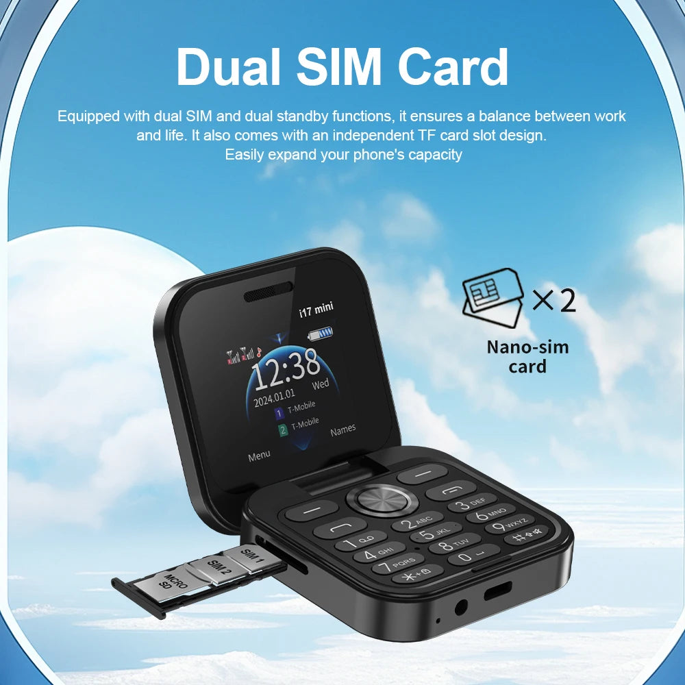 SERVO i17 Mini Small Flip Mobile Phone 1.77" Screen Blacklist Speed Dial Magic Voice FM Radio Cute Box Cellphones 2 SIM Standby