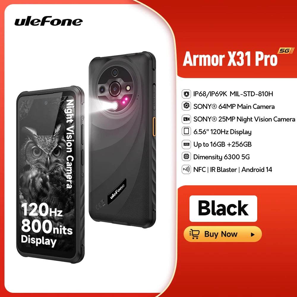 Ulefone Armor X31 Pro 5G Rugged Phone Android 14 Waterproof Smartphone 6.56”16GB RAM 256GB ROM Sony ® Night Camera 64MP NFC - Price Value Store