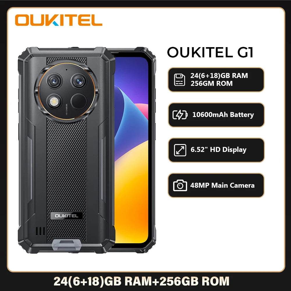 Oukitel G1 Rugged Smartphone Android 24GB (6+18)+256GB 10600mAh 6.52' HD Display NFC Rugged Phone - Price Value Store