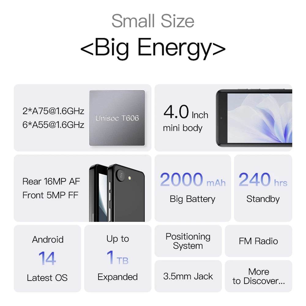 UNIWA Q9 Mini 4G Smartphone Android 14 Unisoc T606 4 Inch qHD 4GB RAM 64GB ROM Mobile Phone 2000mAh Face ID Small Cell Phone - Price Value Store