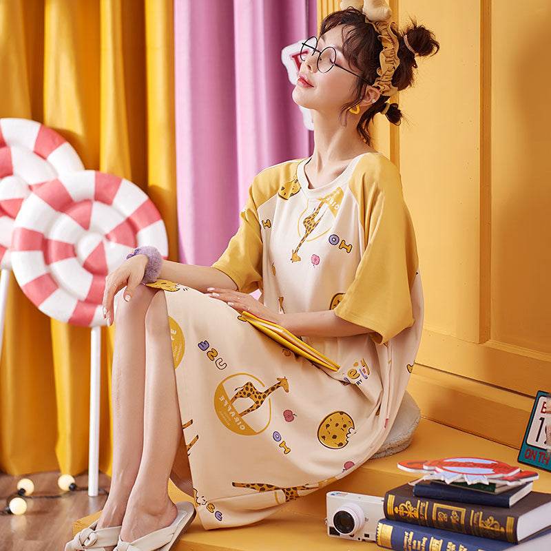 Women's Summer Cartoon Short Sleeve Pajama Dress - Loose Comfortable Home Wear - Price Value Store
