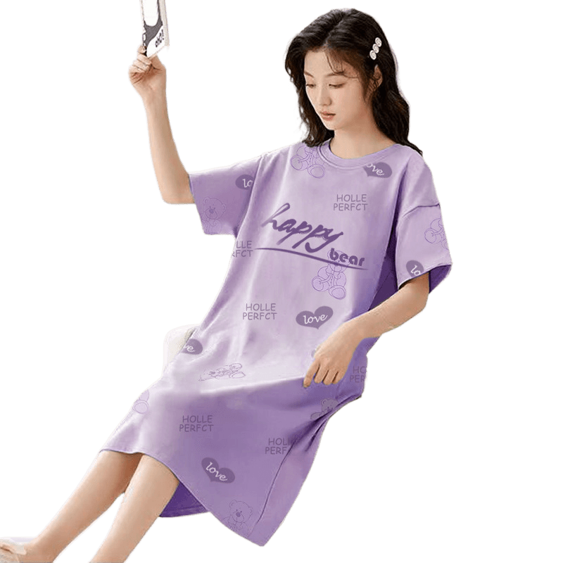 Women's Summer Milk Silk Nightgown, Cartoon Short Sleeve Sleep Dress, Plus Size Pajamas - Price Value Store