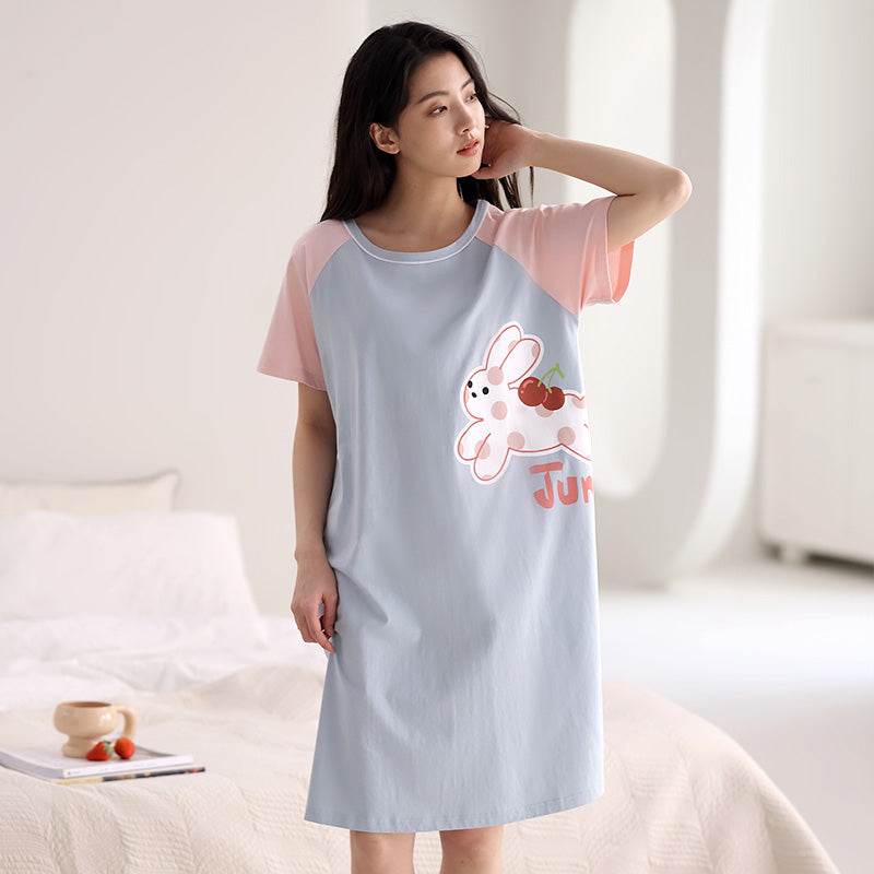 Women's Summer pure cotton Thin cute Short-Sleeved Pajamas Home Wear Girls Summer sexy Dress - Price Value Store