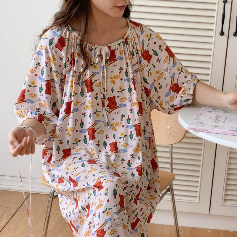 Women's Summer Cotton Silk Nightgown Dress with Belt, Korean Style - Price Value Store