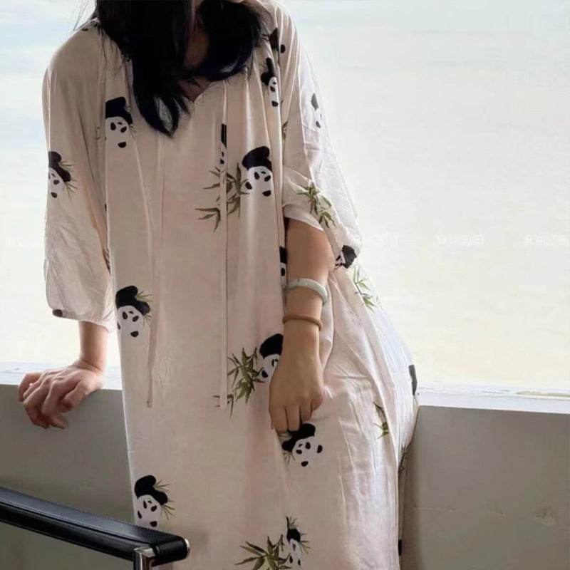 Women's Summer Cotton Silk Nightgown Dress with Belt, Korean Style - Price Value Store