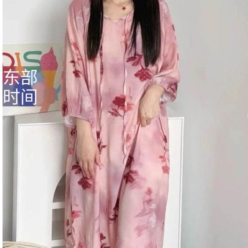 Women's Summer Cotton Silk Nightgown Dress with Belt, Korean Style - Price Value Store