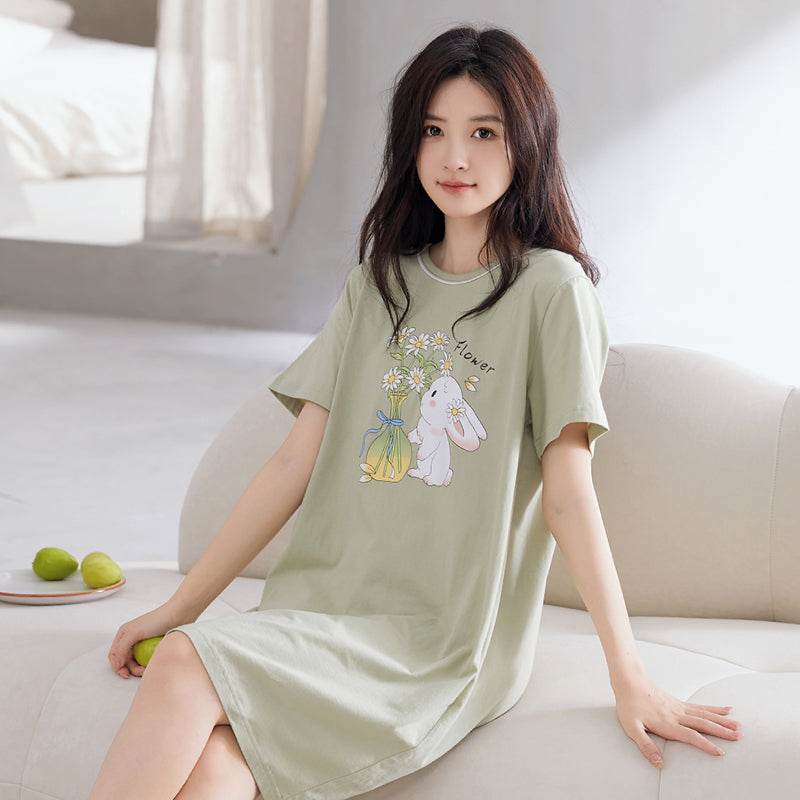 Women's Summer pure cotton Thin cute Short-Sleeved Pajamas Home Wear Girls Summer sexy Dress - Price Value Store