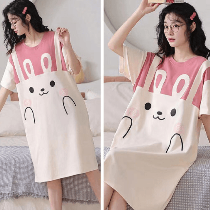 Women's Summer Milk Silk Nightgown, Cartoon Short Sleeve Sleep Dress, Plus Size Pajamas - Price Value Store