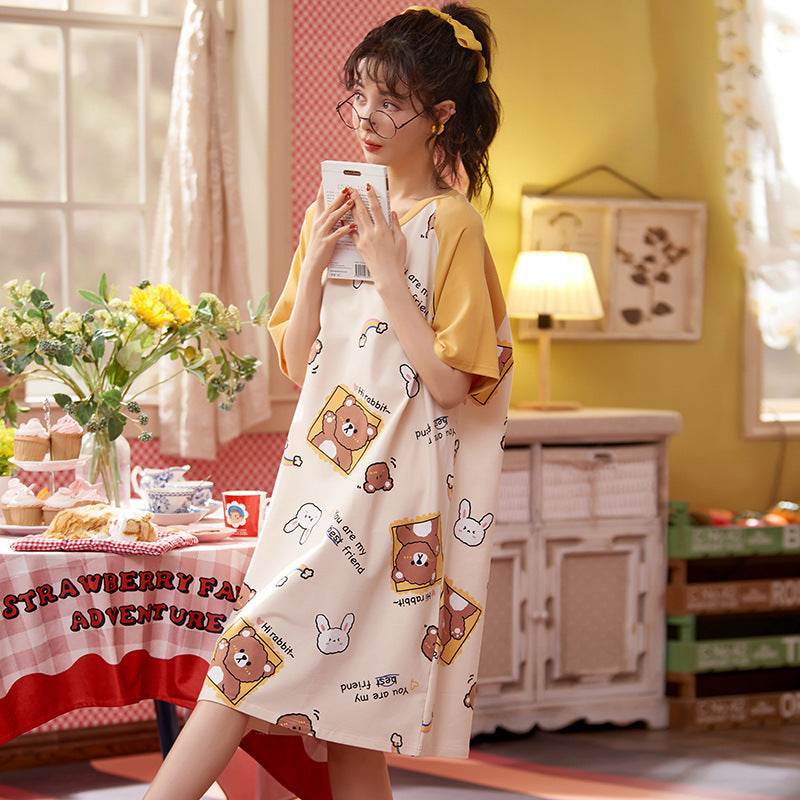 Women's Summer Cartoon Short Sleeve Pajama Dress - Loose Comfortable Home Wear - Price Value Store