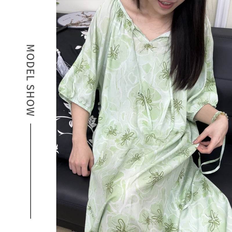 Women's Summer Cotton Silk Nightgown Dress with Belt, Korean Style - Price Value Store