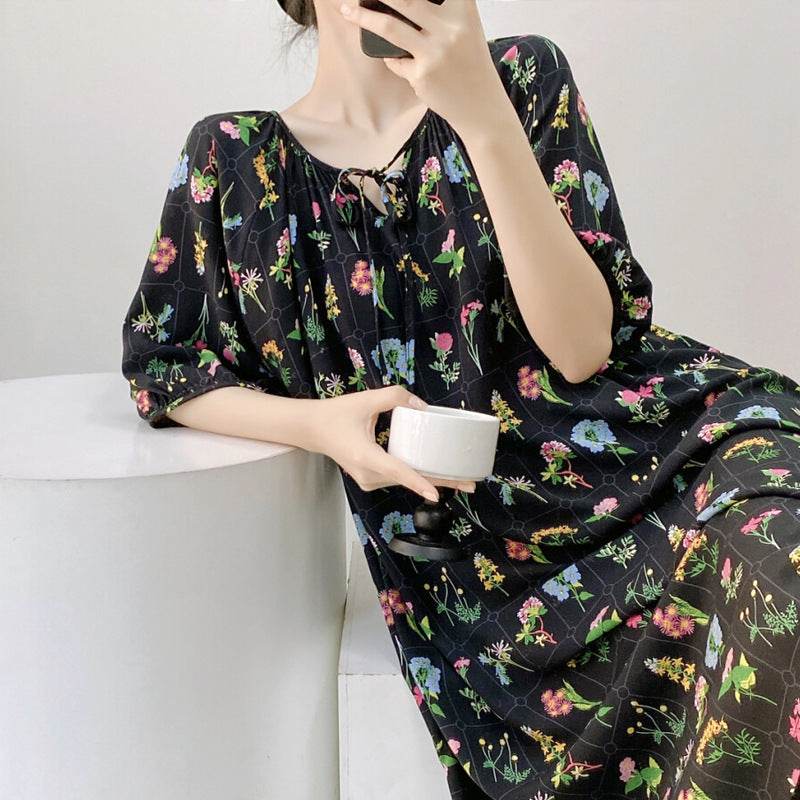 Women's Summer Cotton Silk Nightgown Dress with Belt, Korean Style - Price Value Store