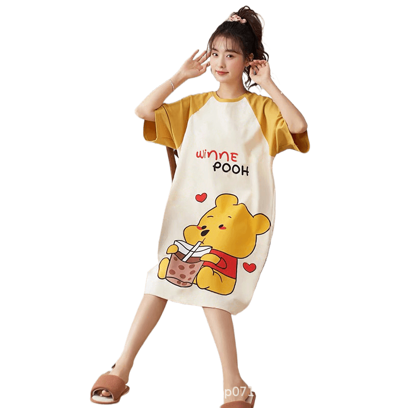Women's Summer Milk Silk Nightgown, Cartoon Short Sleeve Sleep Dress, Plus Size Pajamas - Price Value Store