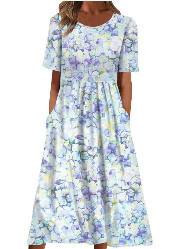 Women's Casual Short Sleeve Printed A-Line Dress with Pocket - Price Value Store