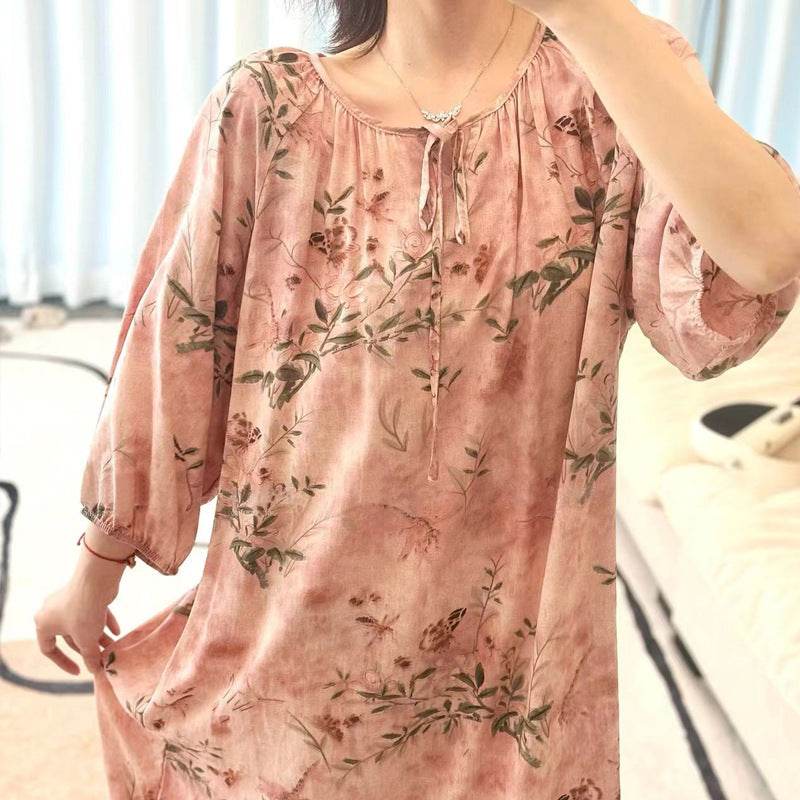Women's Summer Cotton Silk Nightgown Dress with Belt, Korean Style - Price Value Store