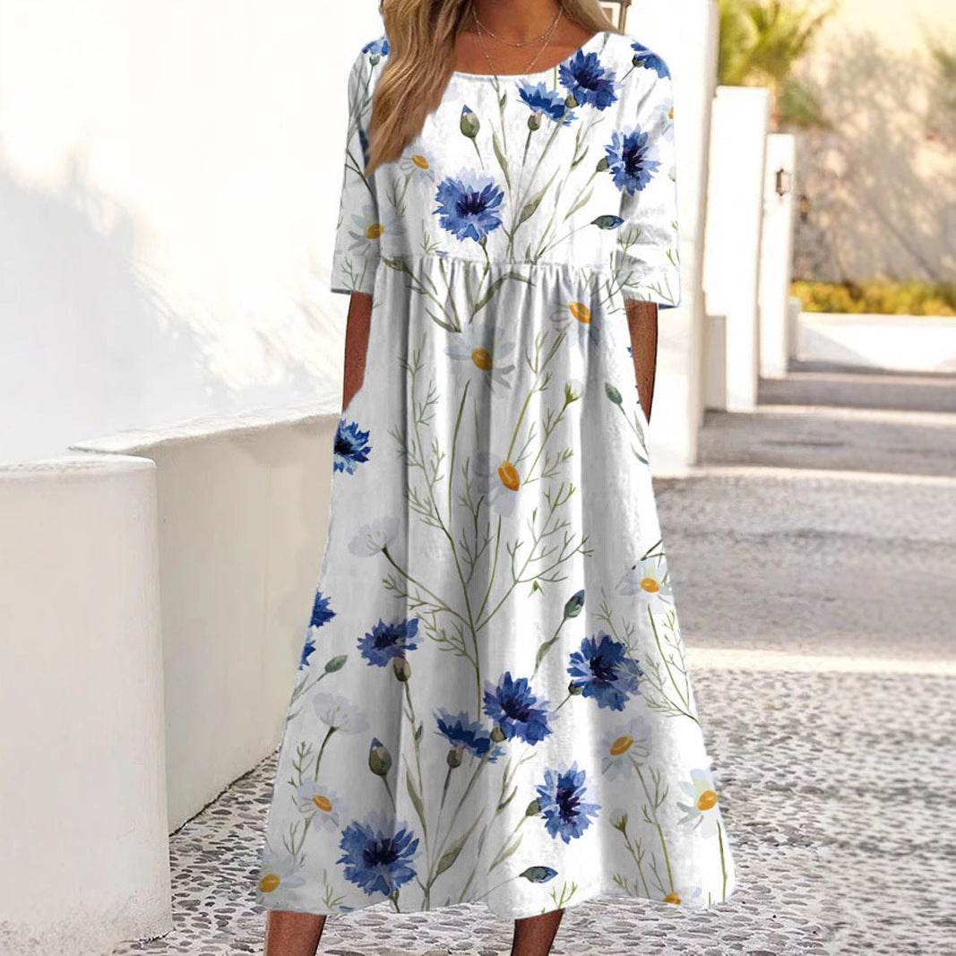 Women's Casual Short Sleeve Printed A-Line Dress with Pocket - Price Value Store