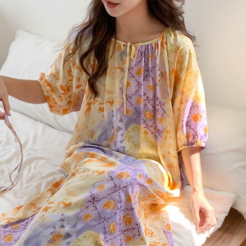 Women's Summer Cotton Silk Nightgown Dress with Belt, Korean Style - Price Value Store