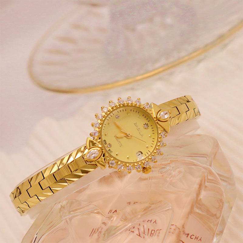Diamond-encrusted relief bracelet, elegant quartz small gold watch - Price Value Store