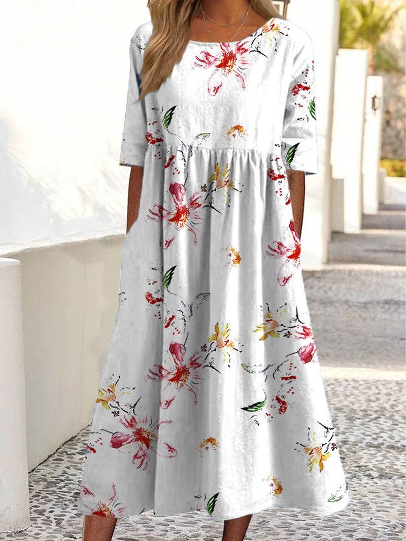 Women's Casual Short Sleeve Printed A-Line Dress with Pocket - Price Value Store
