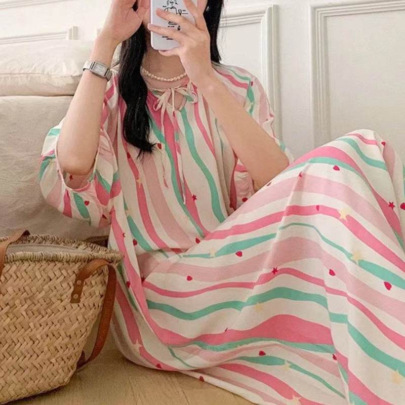 Women's Summer Cotton Silk Nightgown Dress with Belt, Korean Style - Price Value Store