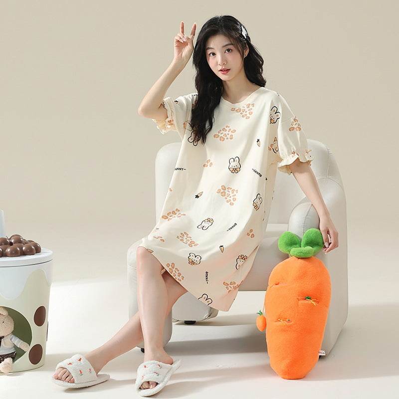 Women's Cotton Antibacterial Summer Nightgown, Cute Cartoon Sleepwear, Sizes M-4XL - Price Value Store