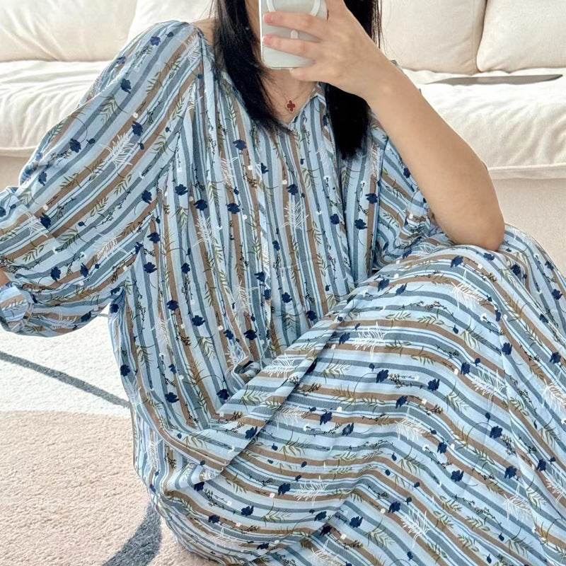 Women's Summer Cotton Silk Nightgown Dress with Belt, Korean Style - Price Value Store
