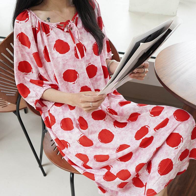 Women's Summer Cotton Silk Nightgown Dress with Belt, Korean Style - Price Value Store