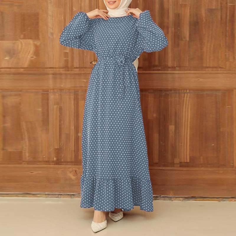 Retro Polka Dot Long Sleeve Ruffled Hem Dress - Price Value Store