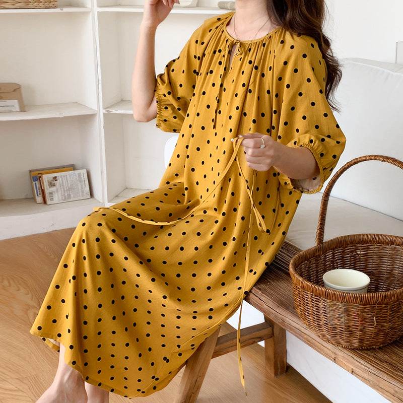 Women's Summer Cotton Silk Nightgown Dress with Belt, Korean Style - Price Value Store
