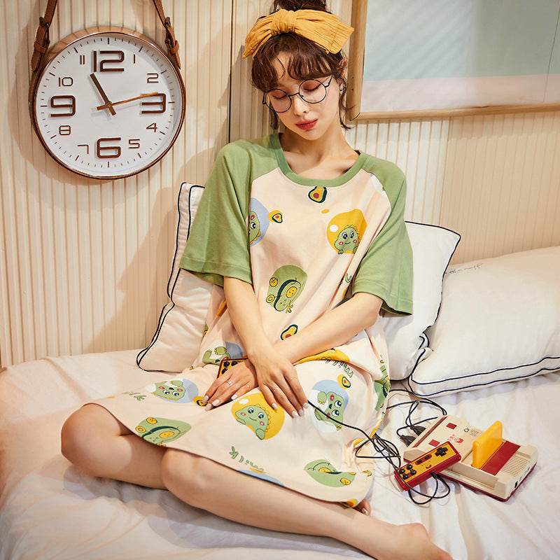 Women's Summer Cartoon Short Sleeve Pajama Dress - Loose Comfortable Home Wear - Price Value Store