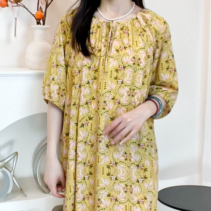 Women's Summer Cotton Silk Nightgown Dress with Belt, Korean Style - Price Value Store
