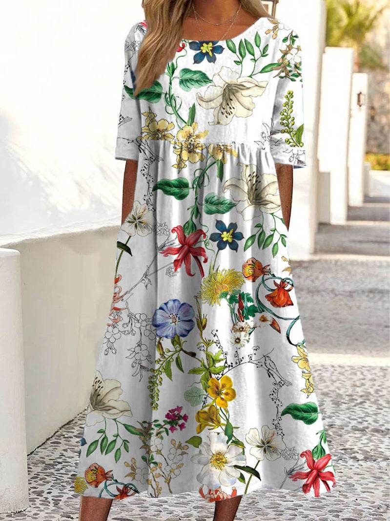 Women's Casual Short Sleeve Printed A-Line Dress with Pocket - Price Value Store