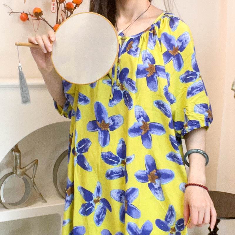 Women's Summer Cotton Silk Nightgown Dress with Belt, Korean Style - Price Value Store