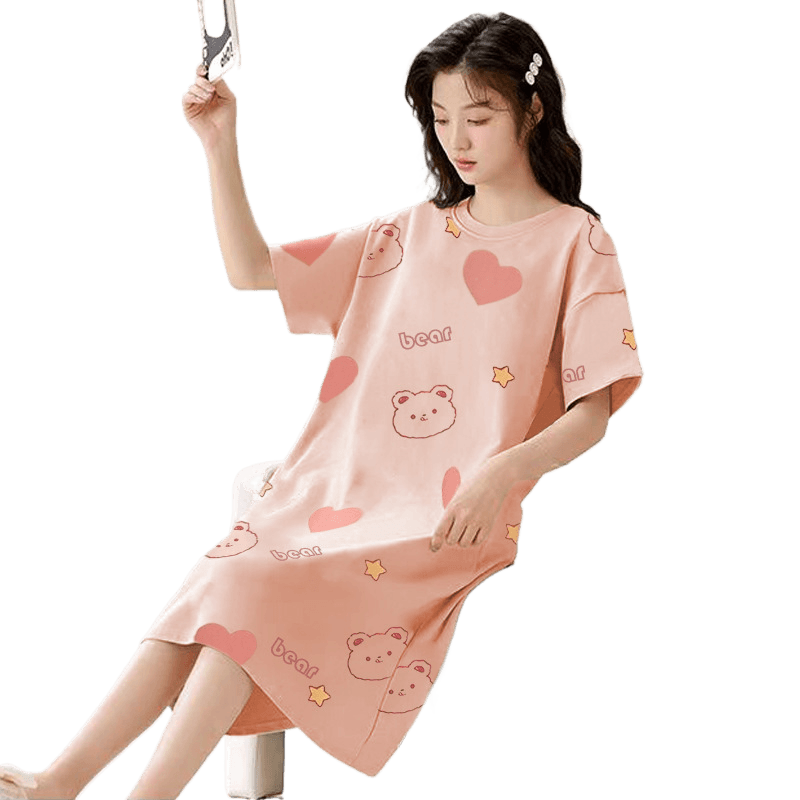 Women's Summer Milk Silk Nightgown, Cartoon Short Sleeve Sleep Dress, Plus Size Pajamas - Price Value Store