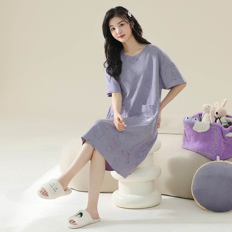 Women's Cotton Antibacterial Summer Nightgown, Cute Cartoon Sleepwear, Sizes M-4XL - Price Value Store