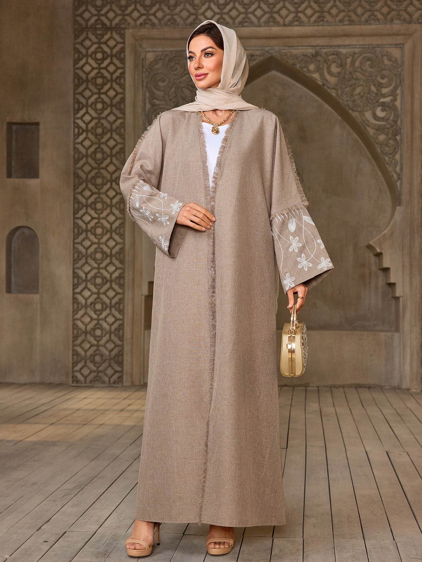 Elegant Flower Embroidered Cardigan Long Dress - Price Value Store