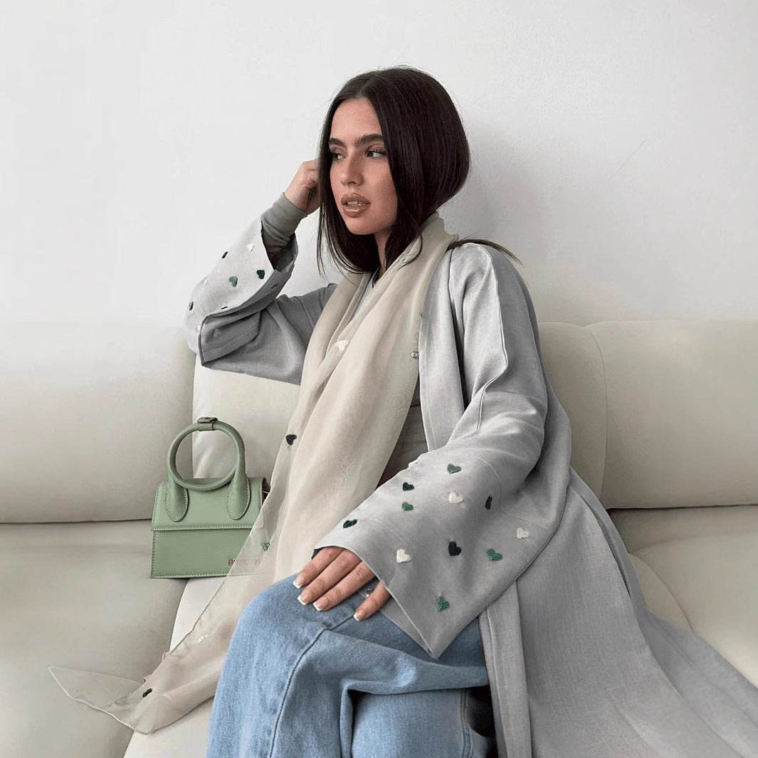 Elegant Linen Long Cardigan with Love Embroidery - Price Value Store
